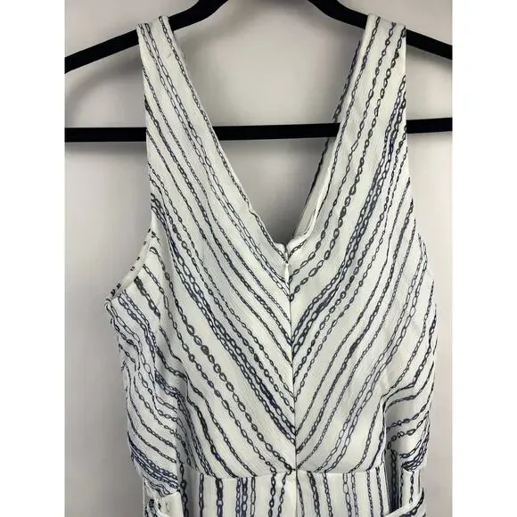 DKNY Wrap Dress, Blue White Chain Stripe, Sleeveless, Belted Asymmetrical Hem - Picture 9 of 13